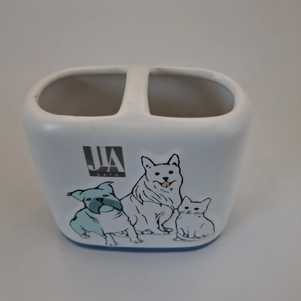 JLA Bath Pet Friends Ceramic Toothbrush Holder White Blue Dogs Cat Bathroom Vtg